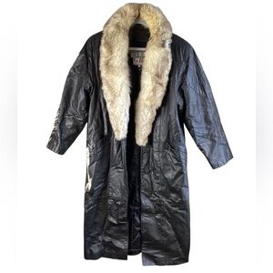 Vintage leather Chic Black Trench Coat with Fox Fur Collar Size M/L